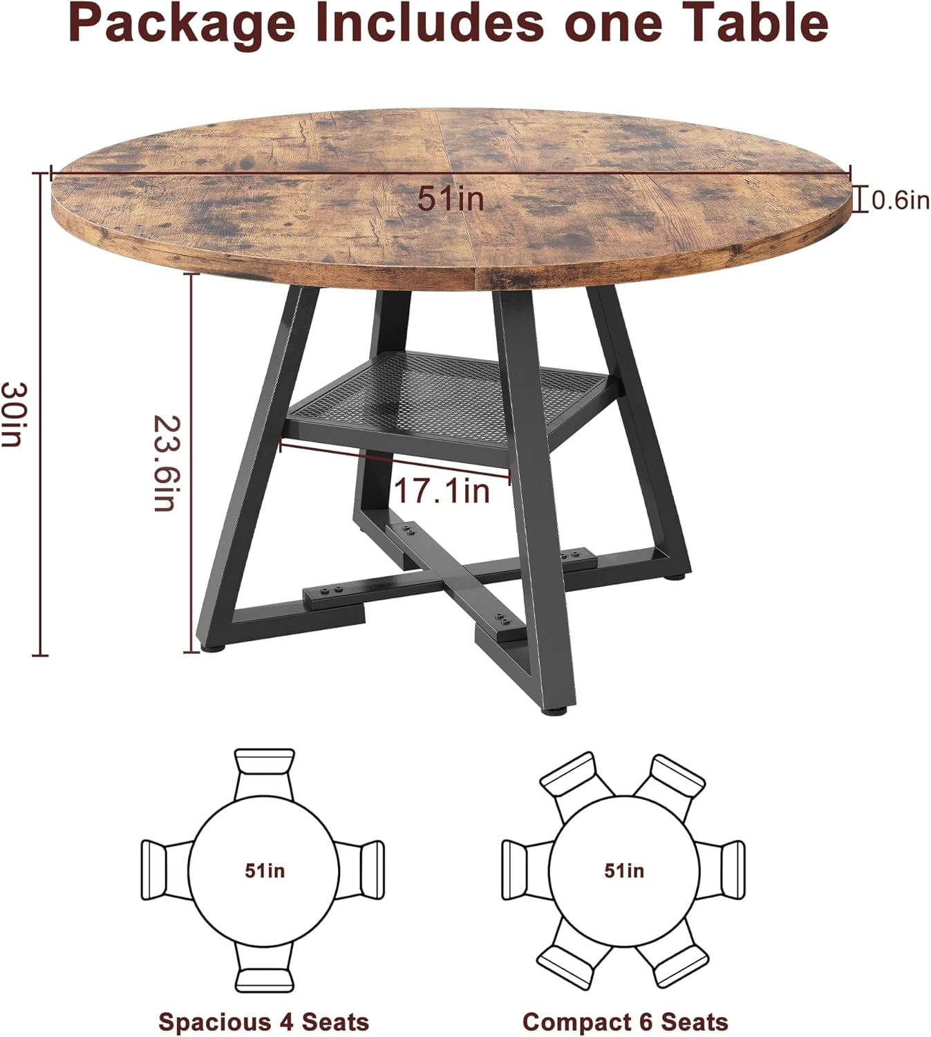 Esstisch Runder für 4-6 Personen, Esszimmertisch mit Ablage, platzsparender Küchentisch aus Holz im Industrial Design (Vintage Braun, 130x130x76cm)