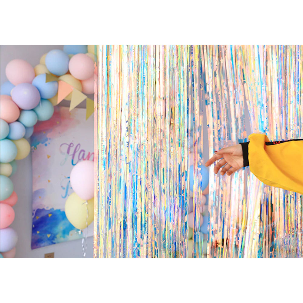 (2x1m) Party Deko Holographischer Lametta Vorhang Glänzender Fransen Vorhang Foto Hintergrund - Pink