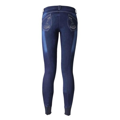 Calças de montaria femininas em denim com losangos, azul