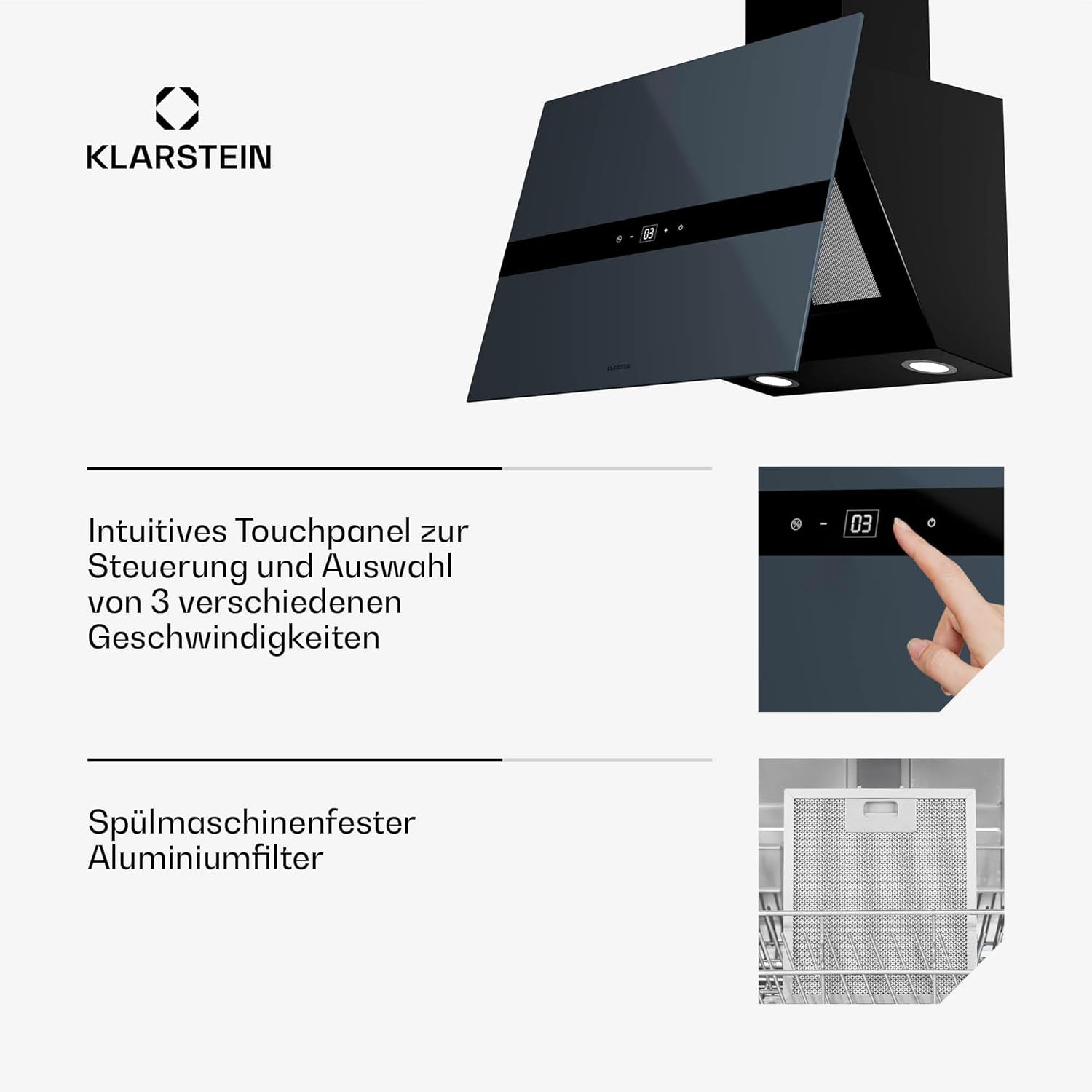 Klarstein WiFusion Dunstabzugshaube - 60 cm Abzugshaube, WLAN-Steuerung, 680 m³/h Luftstrom, A++ Energieeffizienz, LED-Beleuchtung, Touch-Bedienfeld, Schwarz, Abluft & Kohlefilter
