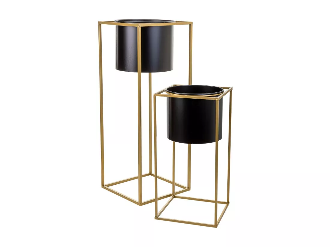 Lot de 2 jardinières en métal avec support en métal noir 27x27x70h-22x22x46h cm