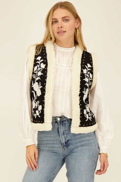 Zwart-wit teddy gilet met embroidery