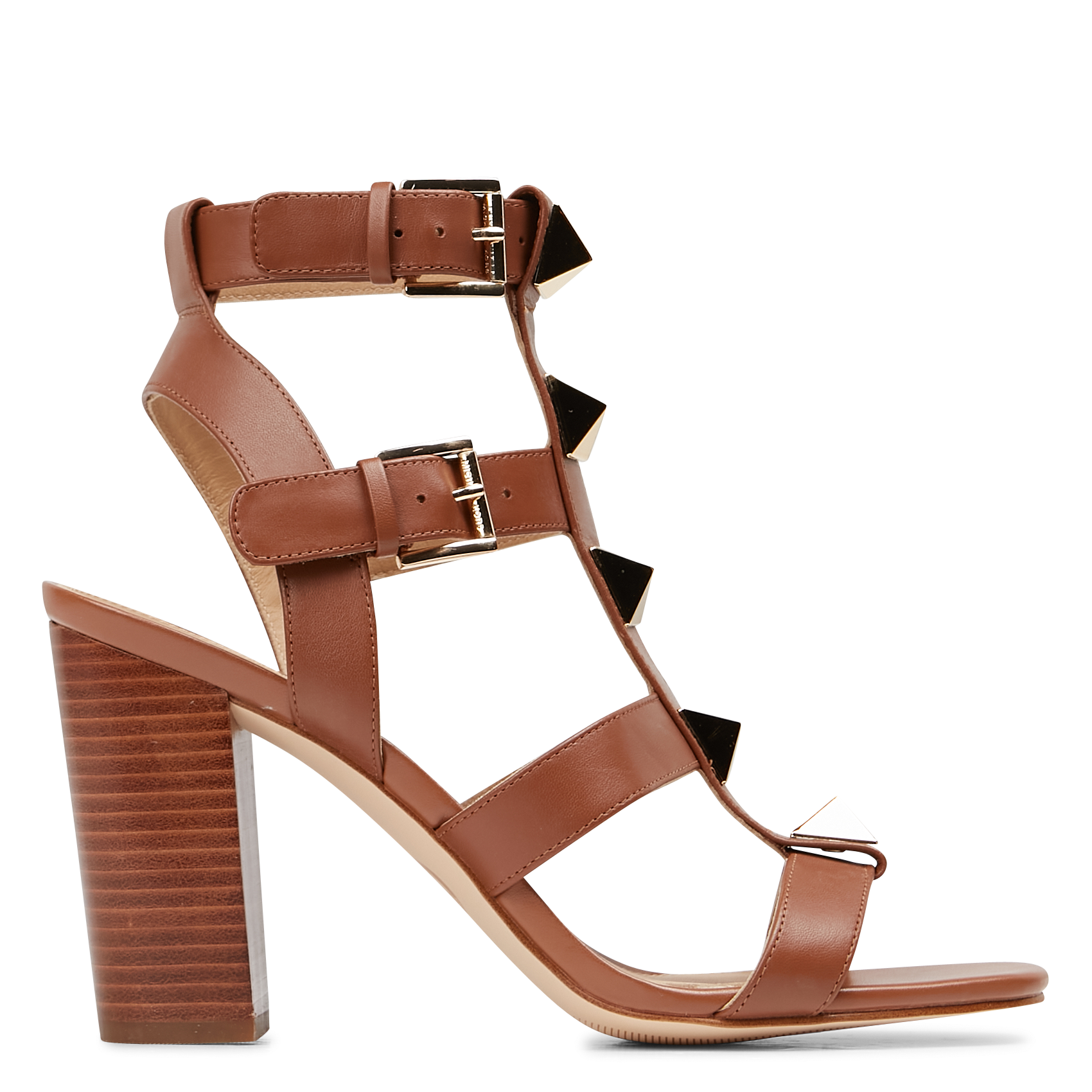 Sandales cloutées à talon en cuir| Marron