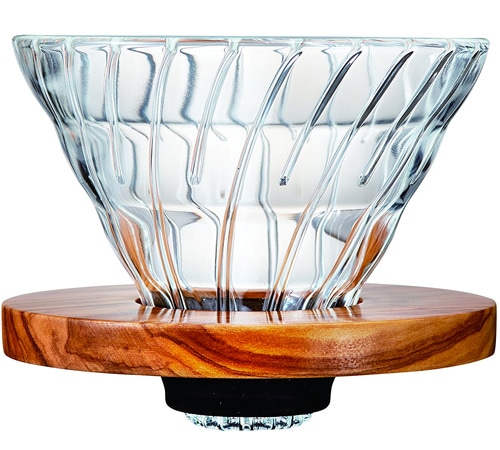 Dripper Hario V60 VDG-02 conique transparent et bois d'olivier 4 tasses