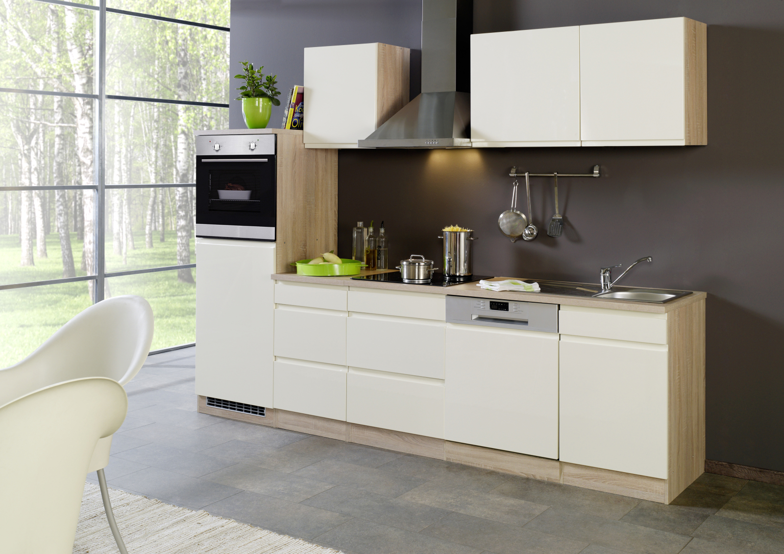Küchenblock WIEN - creme Hochglanz-Sonoma Eiche - mit E-Geräten - 280 cm