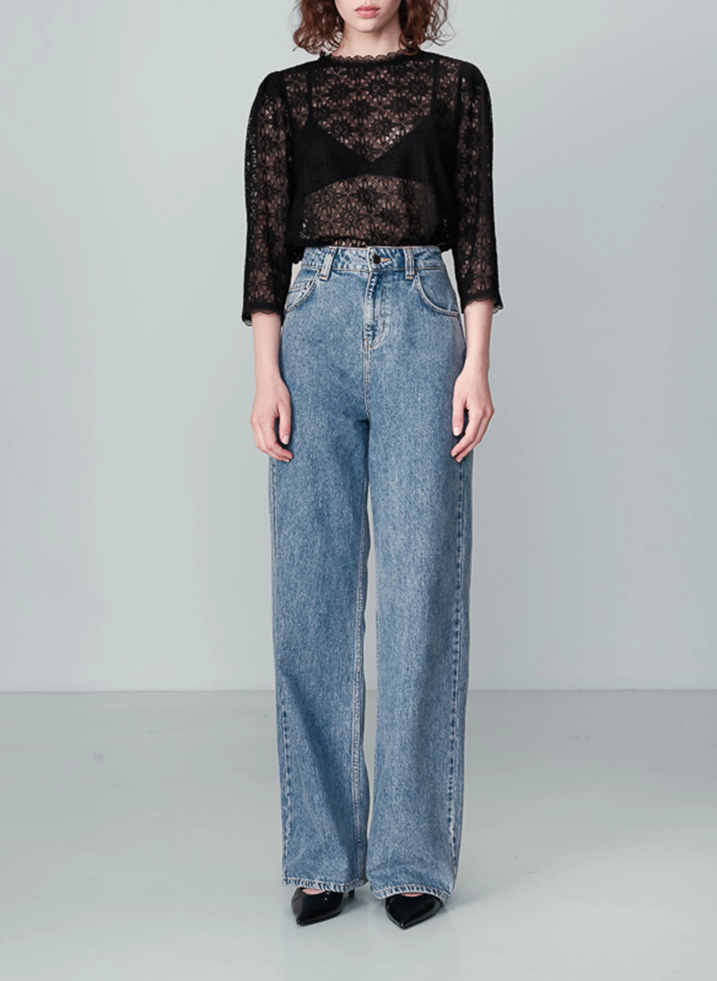 NAVY - Top col victorien droit en dentelle | Noir