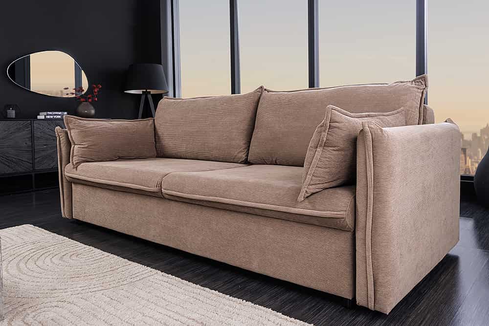 Design Schlafsofa APARTMENT 215cm taupe Cord 3-Sitzer Couch inkl. Bettkasten Kissen