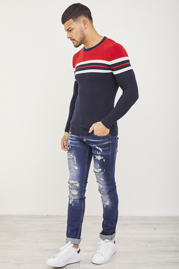 Pull à bandes rouge/bleu