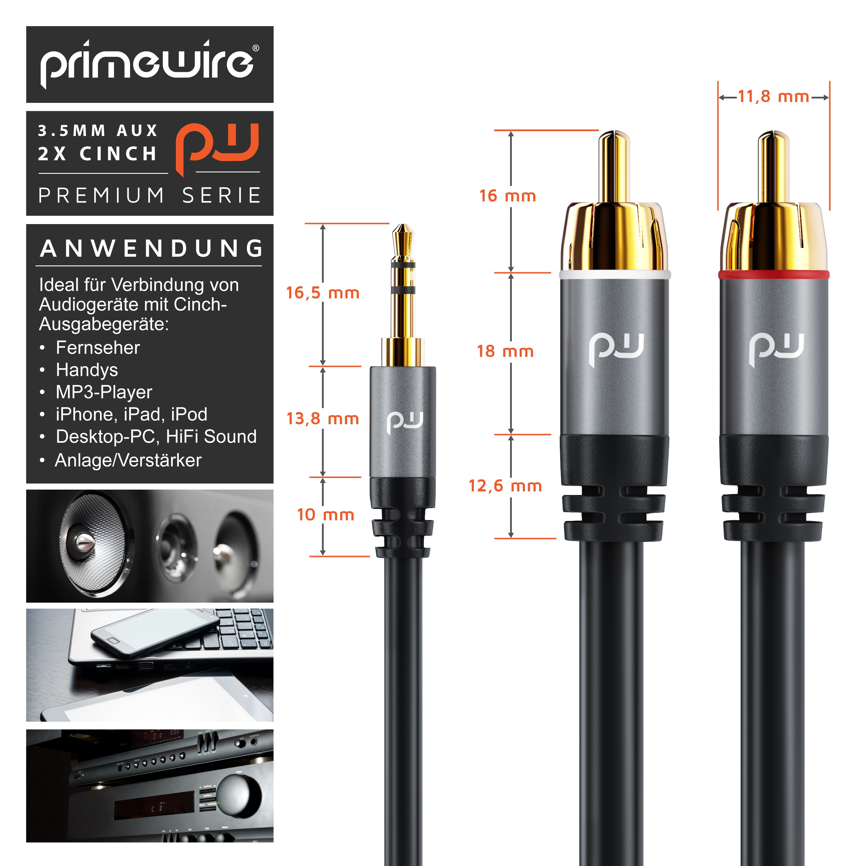 Primewire Cinch zu 3,5-mm-Klinke Audio-Kabel, RCA, AUX, Stereo HiFi Audio-Adapter mehrfach geschirmt - 10m