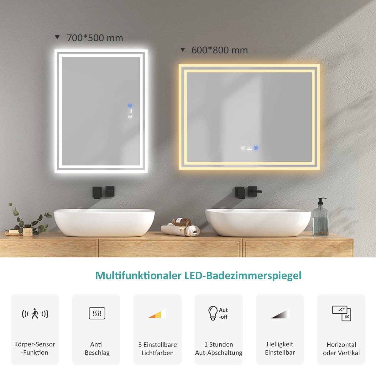 EMKE Badkamerspiegel met verlichting, LED-spiegel met aanraakschakelaar en sensor, anti-condens, 80 x 60 cm, koud wit/warm wit/neutraal wit
