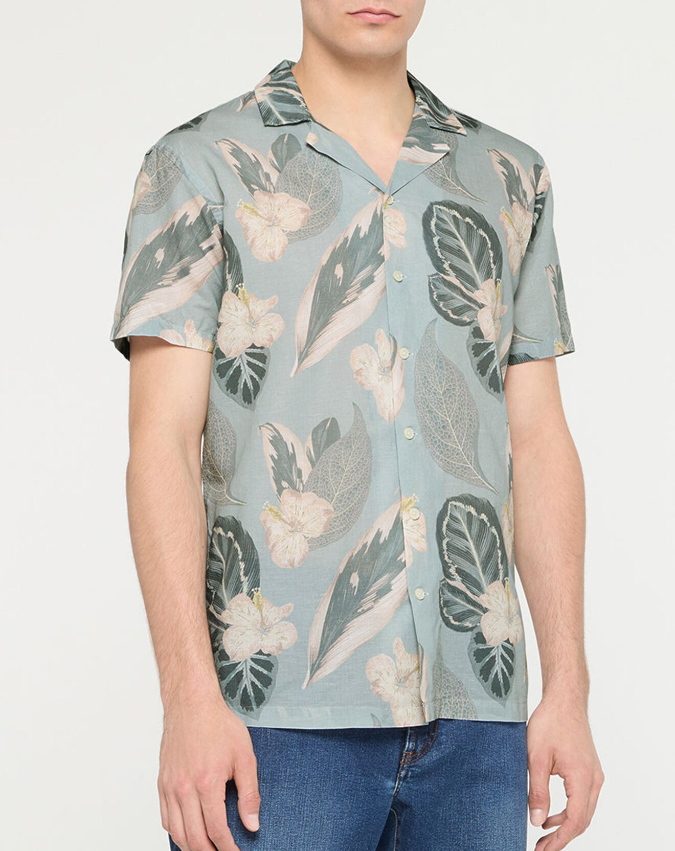 Hackett London Chemise en Lin mélangé Bowling  à imprimé tropical vert clair