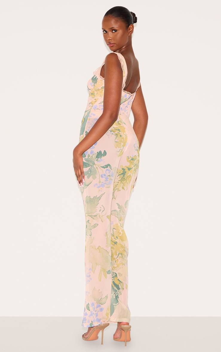 Rose Combinaison Évasée En Mousseline À Imprimé Floral Avec Détail Corset