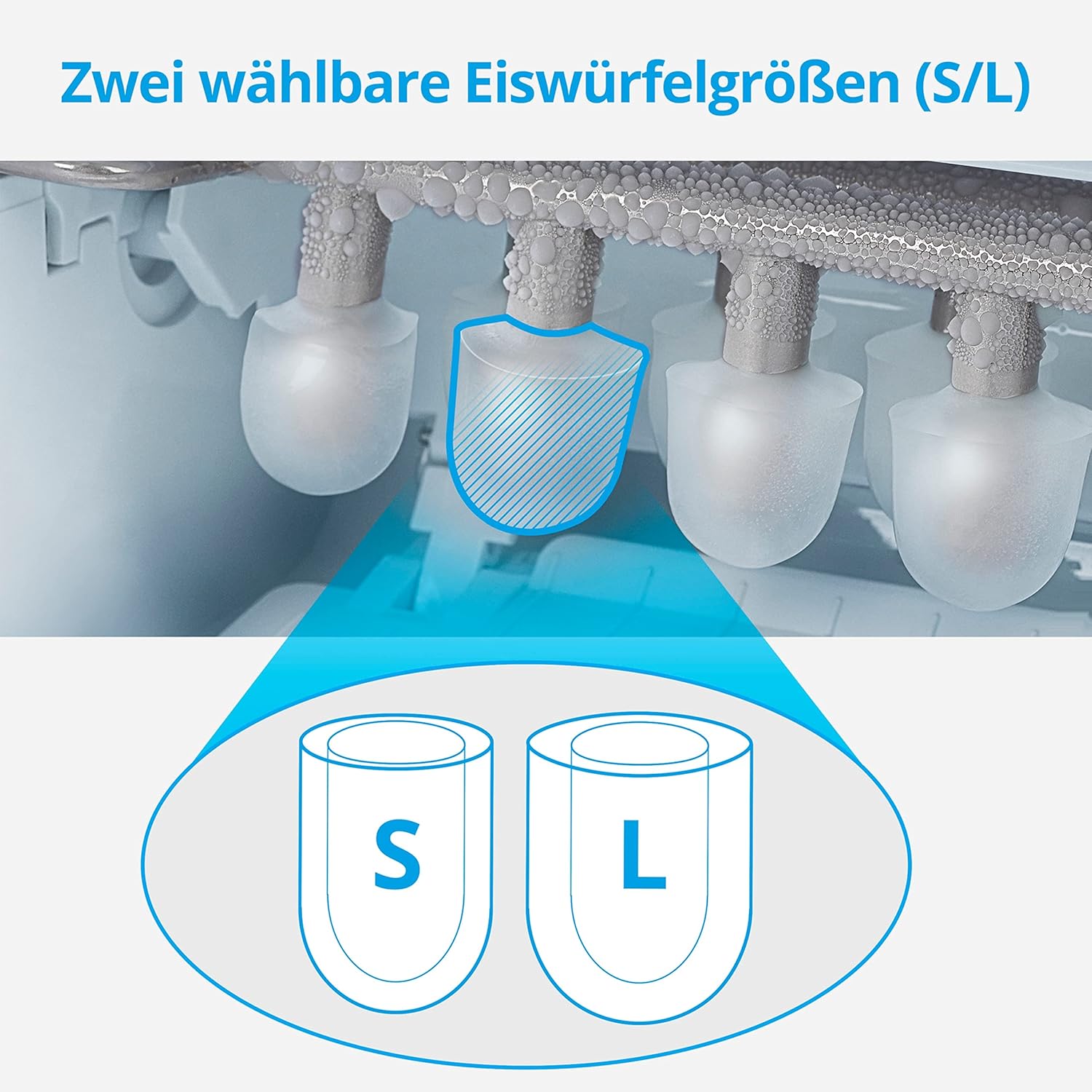 MEDION Eiswürfelmaschine (Eiswürfelbereiter, 2,2 Liter Wassertank, kurze Produktionsdauer 6-12 Minuten, 2 wählbare Eiswürfelgrößen, selbstreinigend, Edelstahl, MD17739)