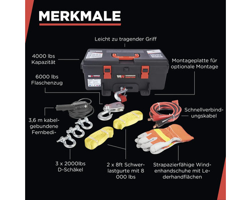 TROJAN draagbare elektrische lier 4000LB staalkabel 12V