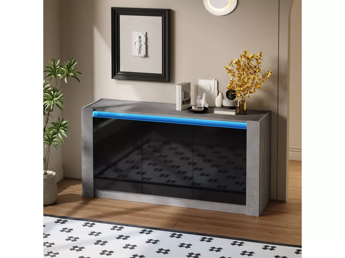 Buffet avec 3 portes à haute brillance - 150 x 40 x 75 cm - LEDs - Etagères réglables - Panneau de particules - Noir et gris