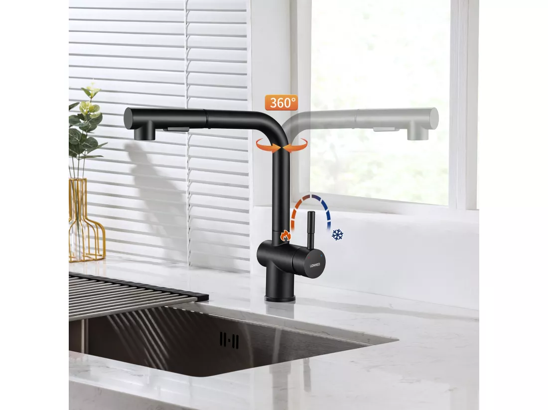 Mitigeur Cuisine Noir Douchette Robinet Douchette évier Extractible 2 Jets Mitigeur Bec Haut Pivotant 360° Acier Inox Barboteur Démotable,EU Modèle