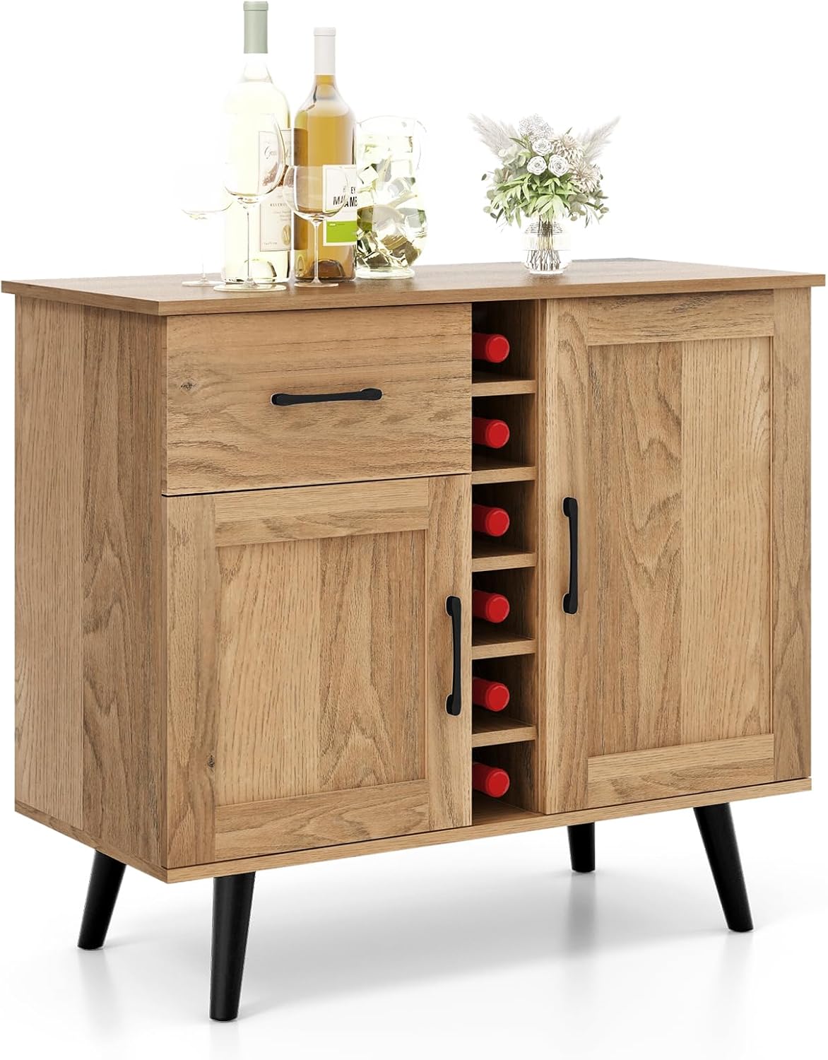 KOMFOTTEU Weinschrank mit verstellbaren Regalen, Sideboard mit Weinregal für 6 Flaschen, Buffetschrank Barschrank Weinständer 90 x 40 x 79 cm, Küchenschrank Natur