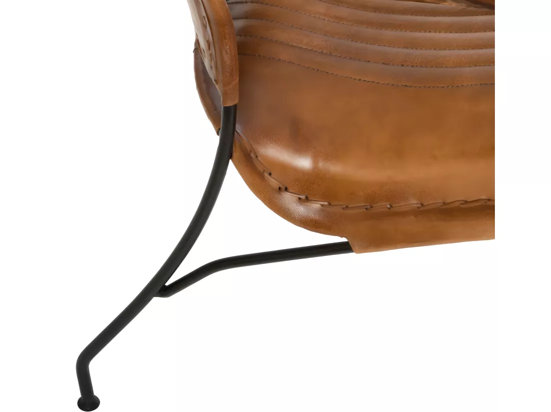 Fauteuil en Métal Noir et Cuir Cognac accoudoirs en Bois de Manguier