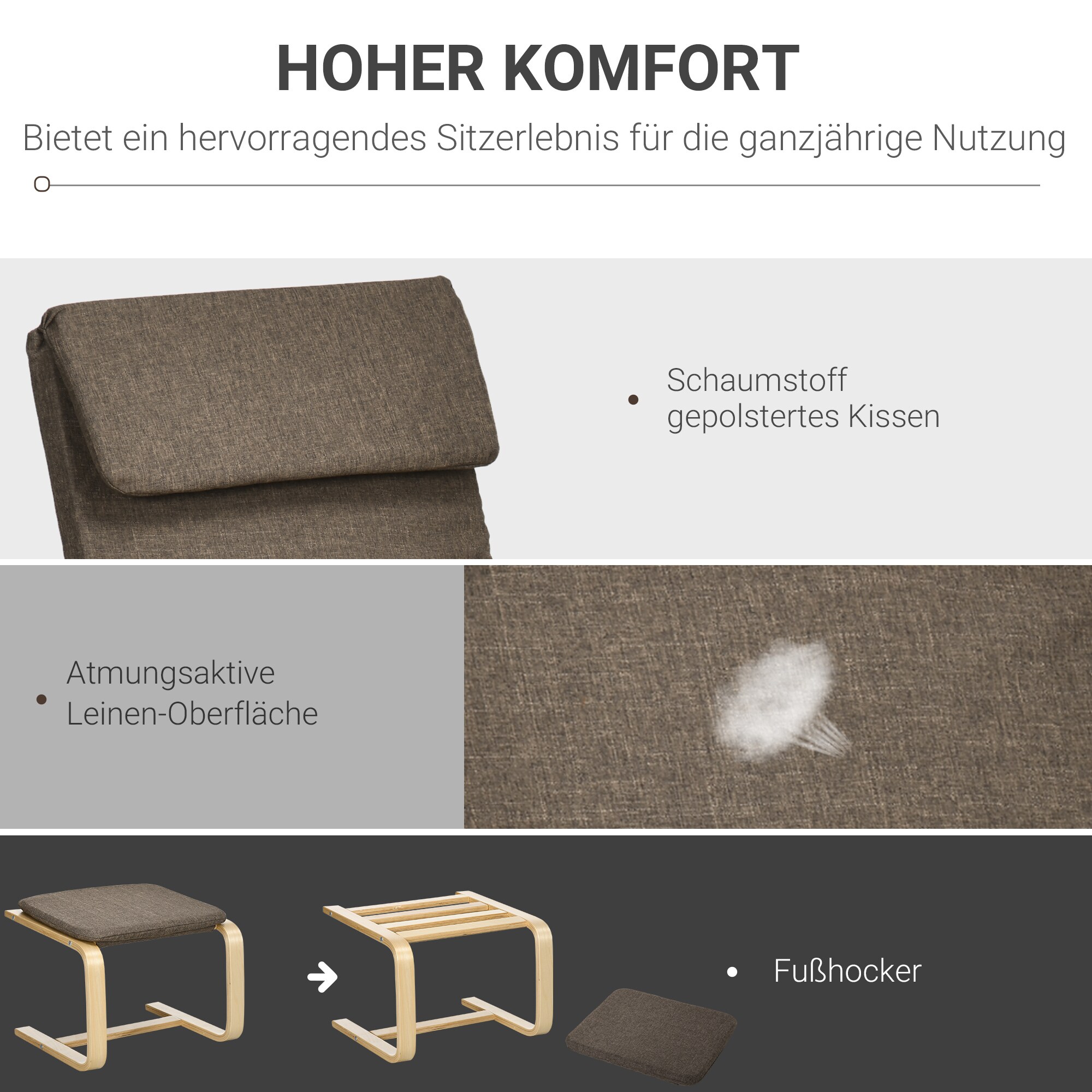 HOMCOM Relaxsessel mit Hocker mit Fußpolster, Kopfpolster und Armlehnen braun 67B x 72T x 100H cm