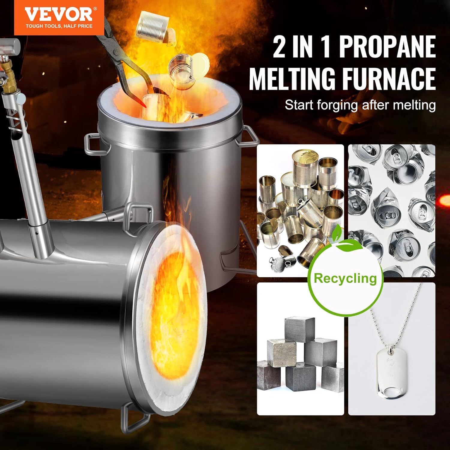 VEVOR Schmelzofen-Propan-Schmiede, 12 kg große Kapazität, Gießerei, Schmiede mit Tiegel und Zange, Edelstahlschmelze, für Metallschrott-Recycling, Gold, Kupfer, Silberguss
