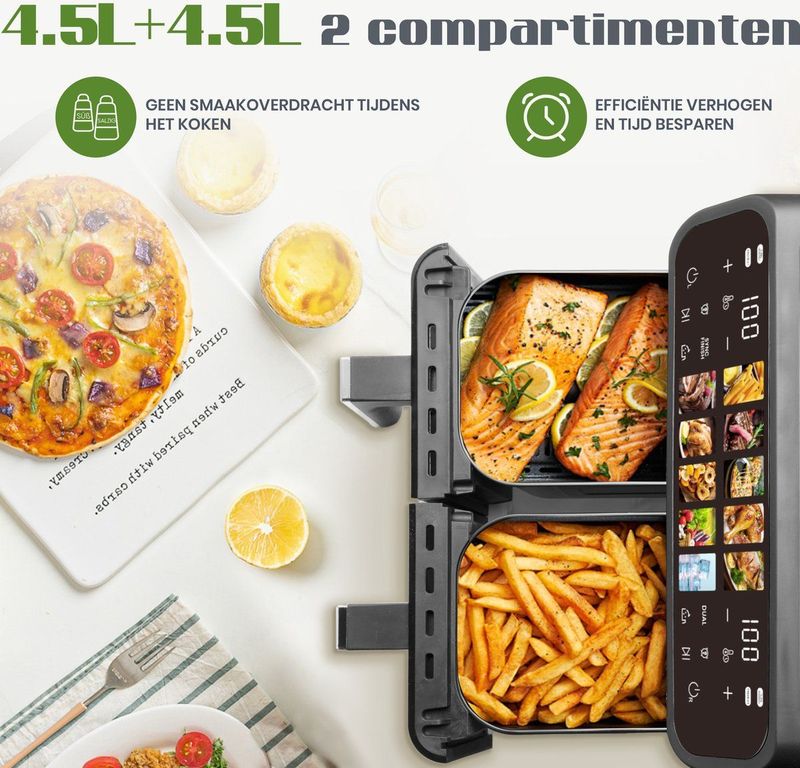 Digitale Airfryer XXL - Heteluchtfriteuse - 9L - Dubbele Mand - Voor Gezinnen - 2000W