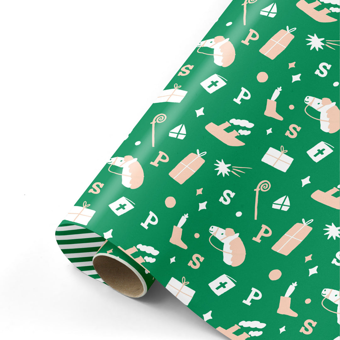 inpakpapier sinterklaas - groen - oudroze - 3 m
