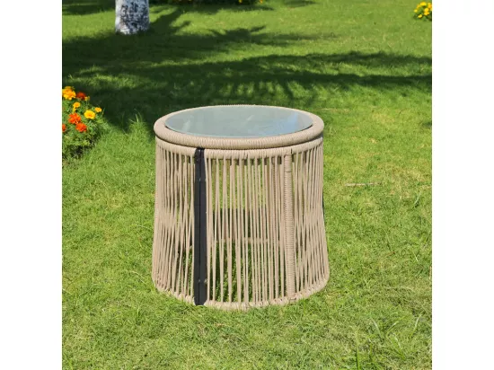 Salon de jardin 4 places - Canapé d'angle de jardin en Acier et Corde tressée - avec une table basse - Beige