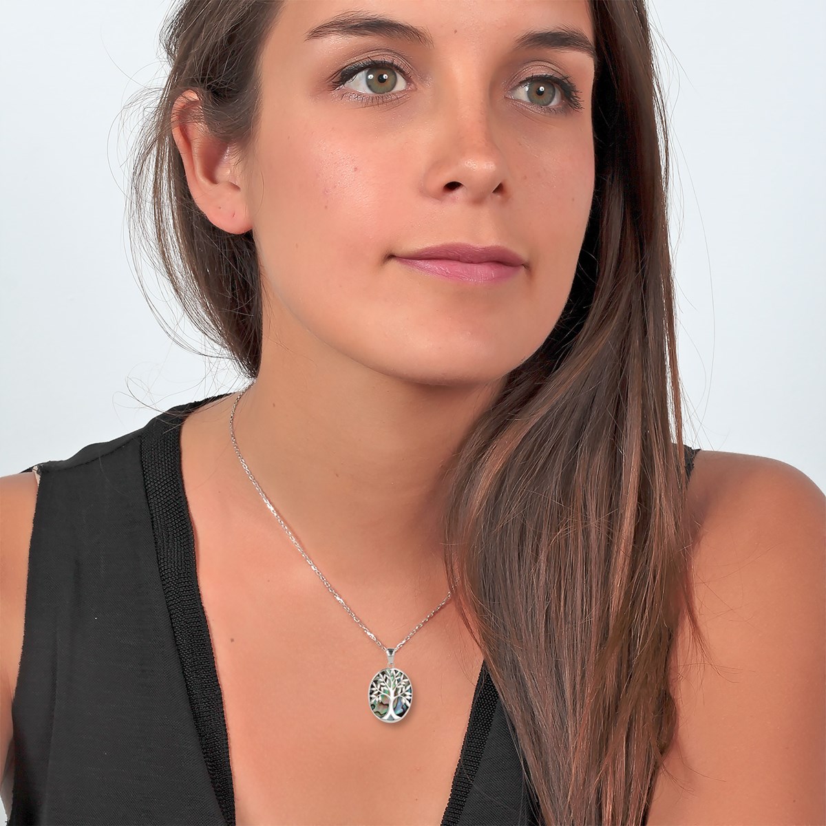 Pendentif Arbre de Vie Nacre Abalone  Serti Argent 925 Rhodié