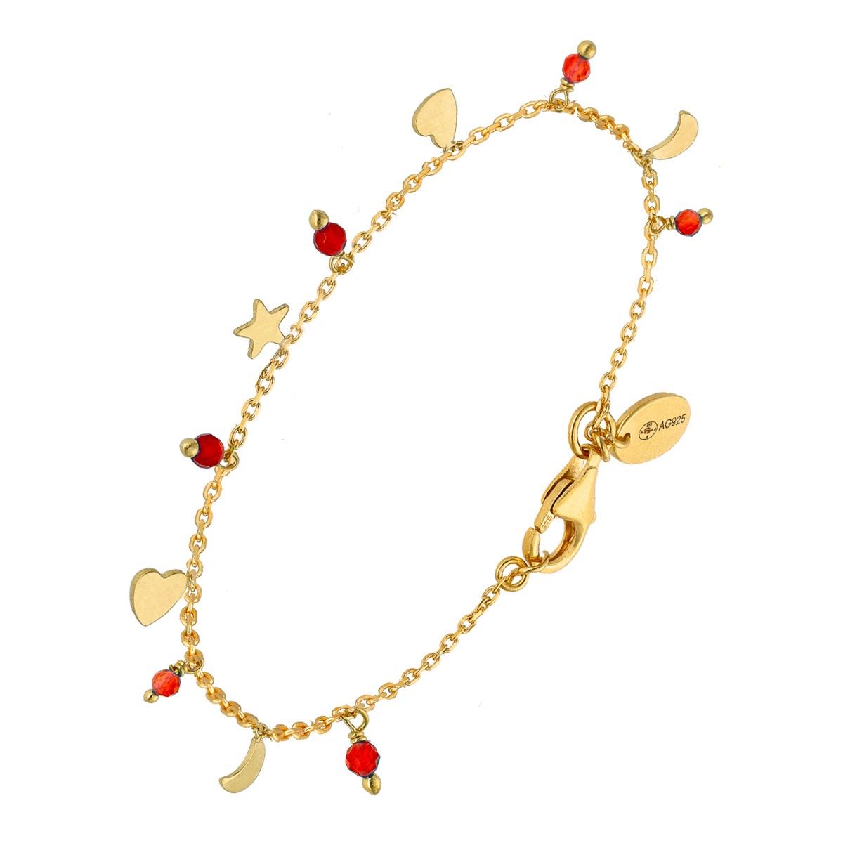 Bracelet Argent Doré Pampilles Lune Coeur Et Pierre Onyx Rouge