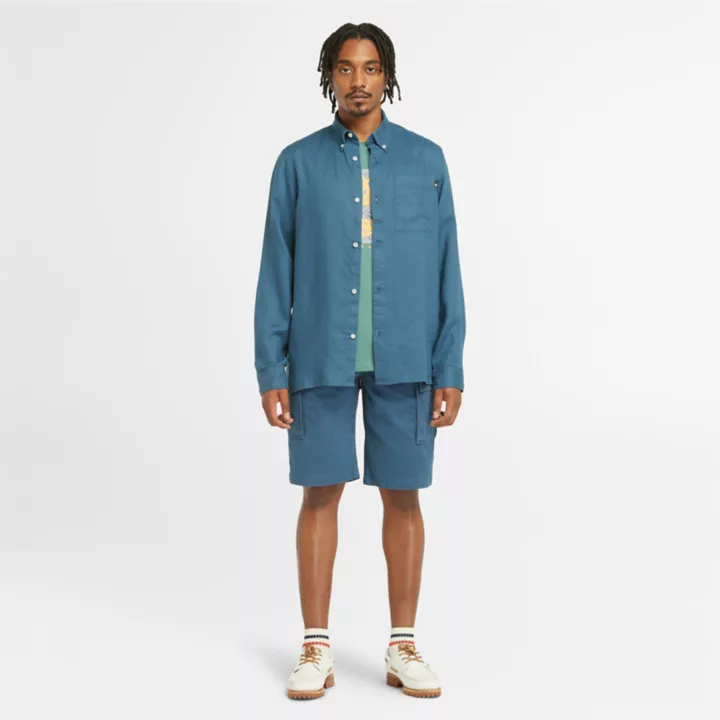 Chemise en lin à poche pour homme en bleu