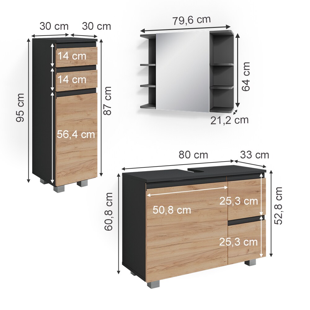 Vicco Badmöbelset J-shape Anthrazit Eiche modern Badezimmer Schrank Badschrank Waschtischunterschrank Spiegelschrank Midischrank Schranktür Schrankschublade Schrankfach Ablage Aufbewahrung