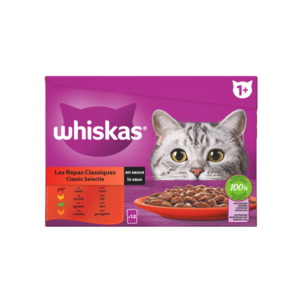 Whiskas 1+ Classic Selectie in Saus Maaltijdzakjes Multipack12 x 85 gr