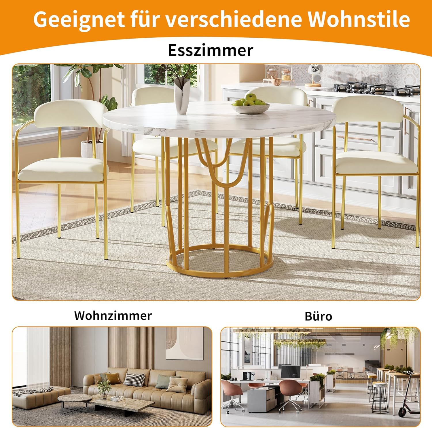 Runder Esstisch 80cm weiß mit Marmoroptik und goldfarbenen Metallbeinen, Küchentisch & Esszimmertisch für 4-6 Personen, moderner runder Tisch mit stabilem Design