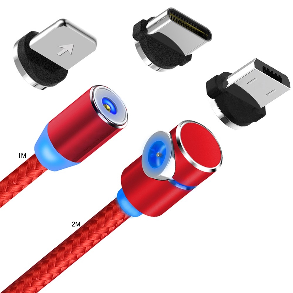 (1m) 3in1 Magnetisches Elbow USB Ladekabel Nylon Geflecht - Apple Lightning / Micro USB / USB C - Rot