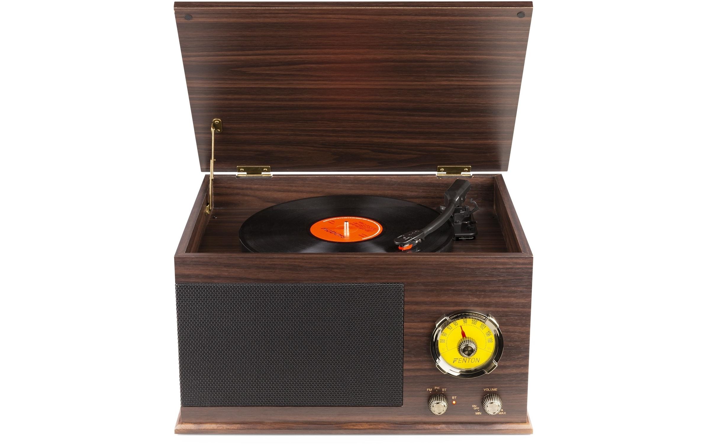 Plattenspieler mit Bluetooth RP173 DunkelbraunPlattenspieler im Retrostil mit Bluetooth, FM-Radio und Umwandlungsmöglichkeit für Schallplatten