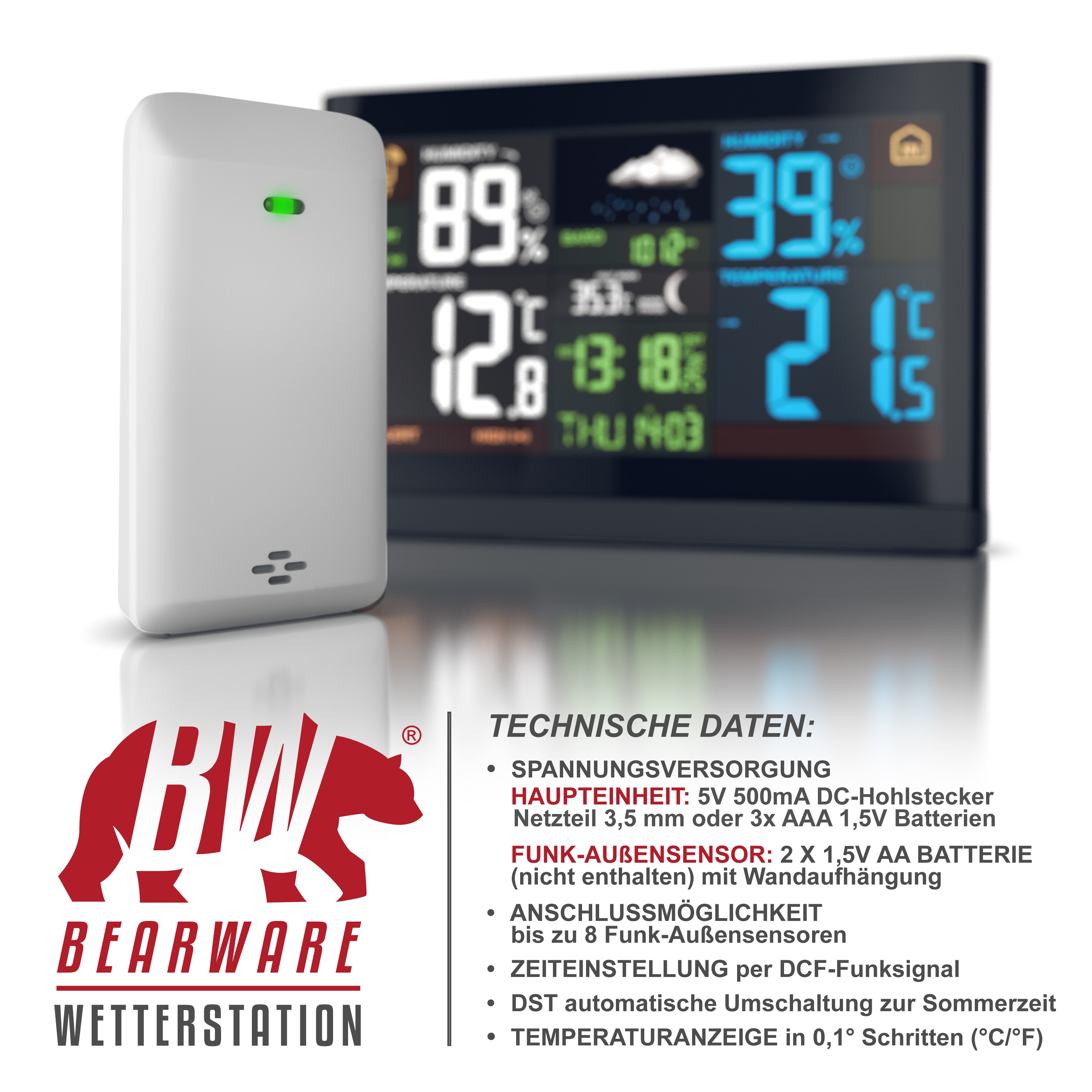 BEARWARE Funkwetterstation - Luftdruck - Temperaturtrend- Wetterprognose