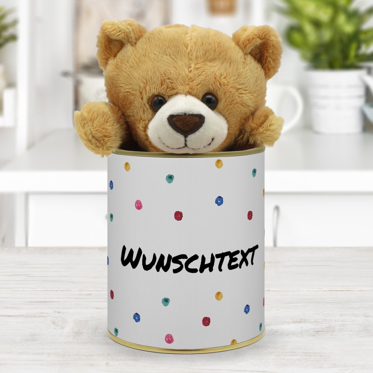 Personalisierte Geschenkdose - Teddybär (Motiv: Farbkleckse)
