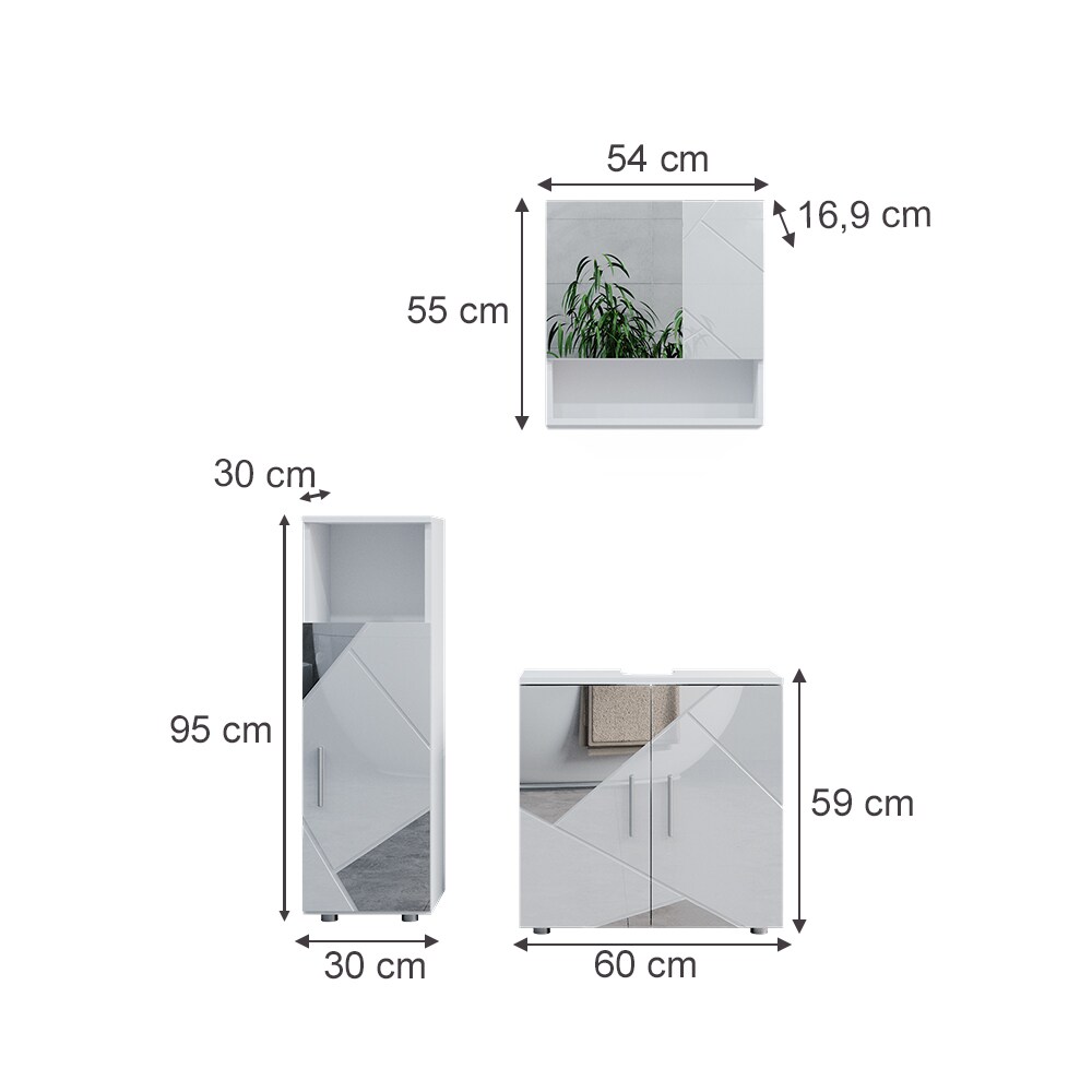 Vicco Badmöbelset mit Dekospiegeln Irma Weiß Hochglanz modern Badezimmerschrank Badschrank Badezimmermöbel Waschtischunterschrank Spiegelschrank Midischrank Schranktür Schrankfach Schrankschublade
