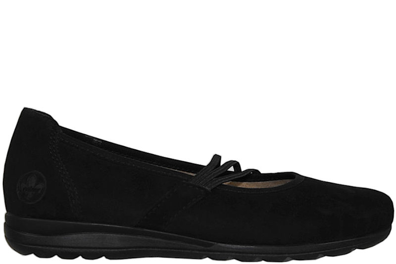 RIEKER BALLERINA I SORT NUBUCK OG KUNSTSKIND