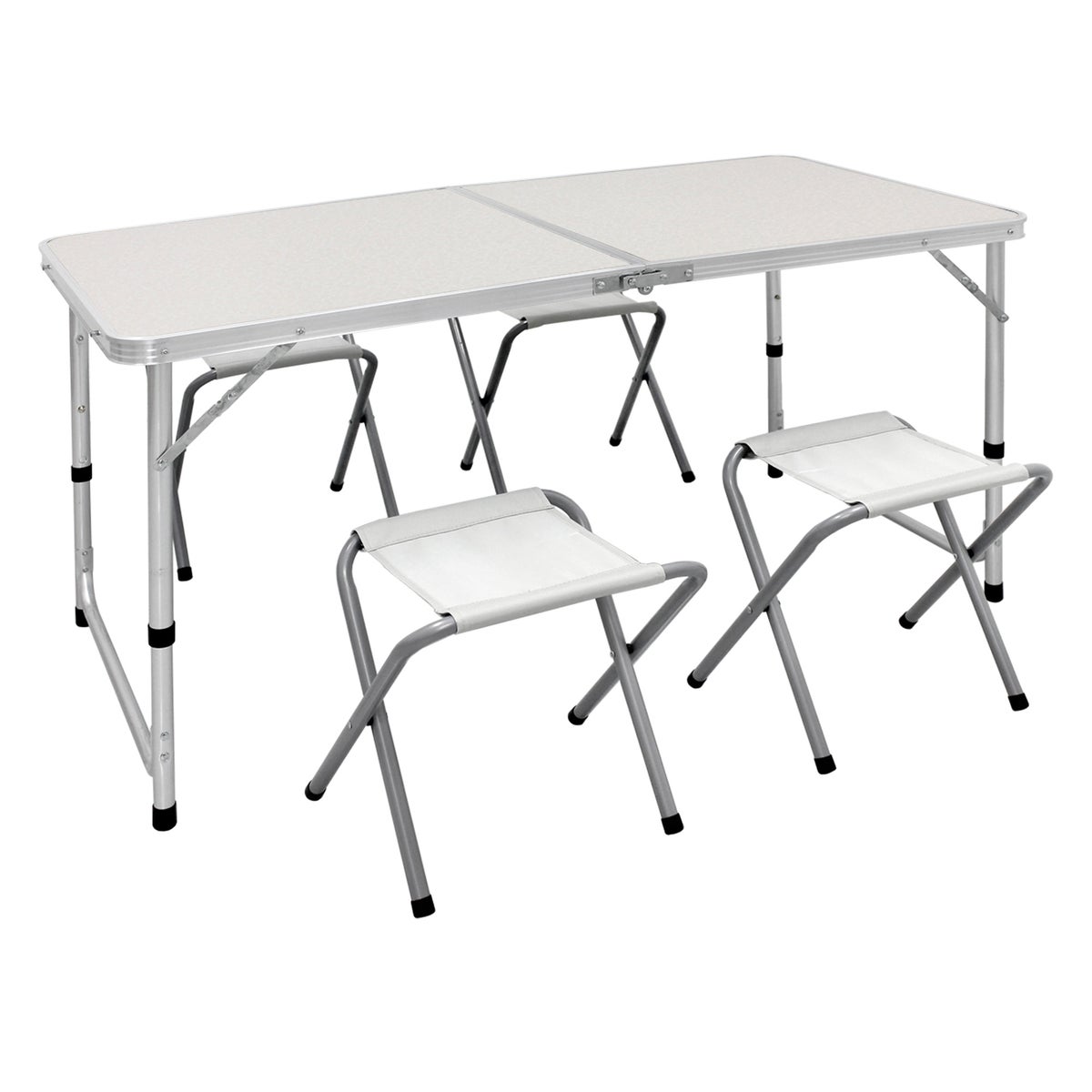 ECD Germany Campingtafelset met 4 krukken, 120x60x55/63/70 cm, in hoogte verstelbaar, opvouwbaar, wit/crème, gemaakt van aluminium en MDF, kampeermeubelset, opvouwbaar meubilair, opvouwbare tafel, tuintafel met 4 stoelen