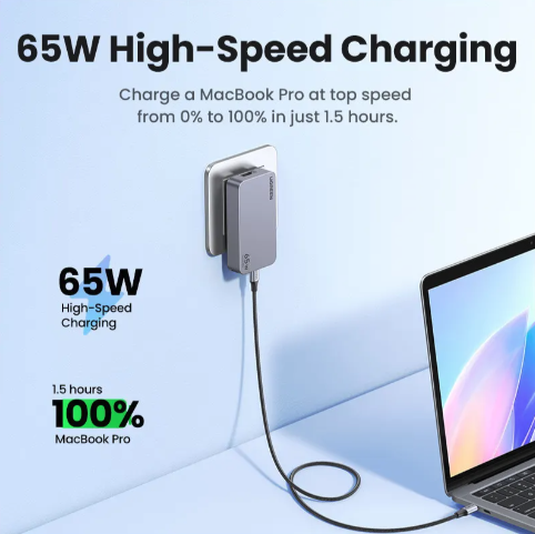 (65W) GaN 3-fach USB C / USB A World Travel Ladegerät Power Delivery Netzteil (25356) - Grau