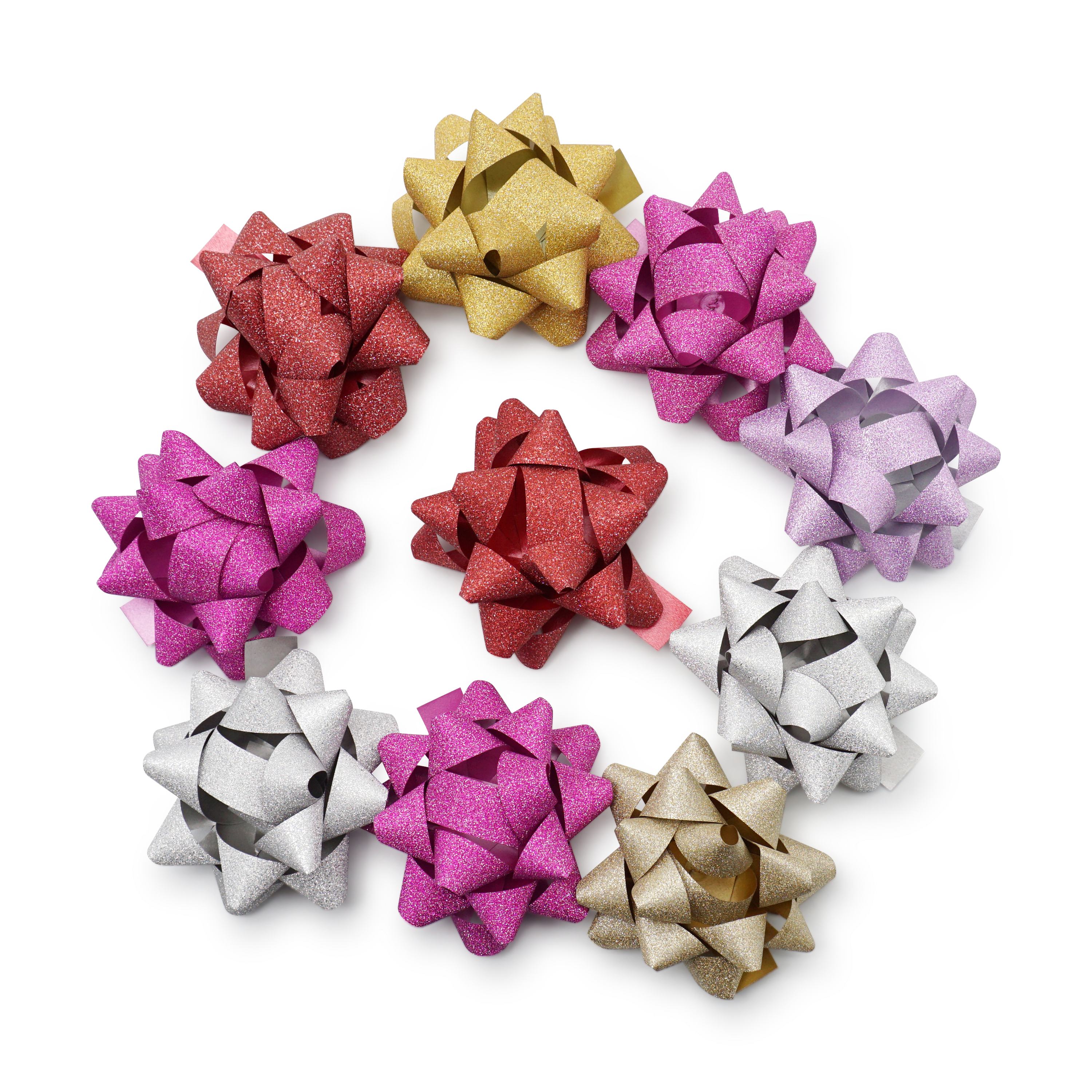 (10er Set) Ø75mm Selbstklebende Geschenk Maschen Glitzer Schleifen - Assortiert