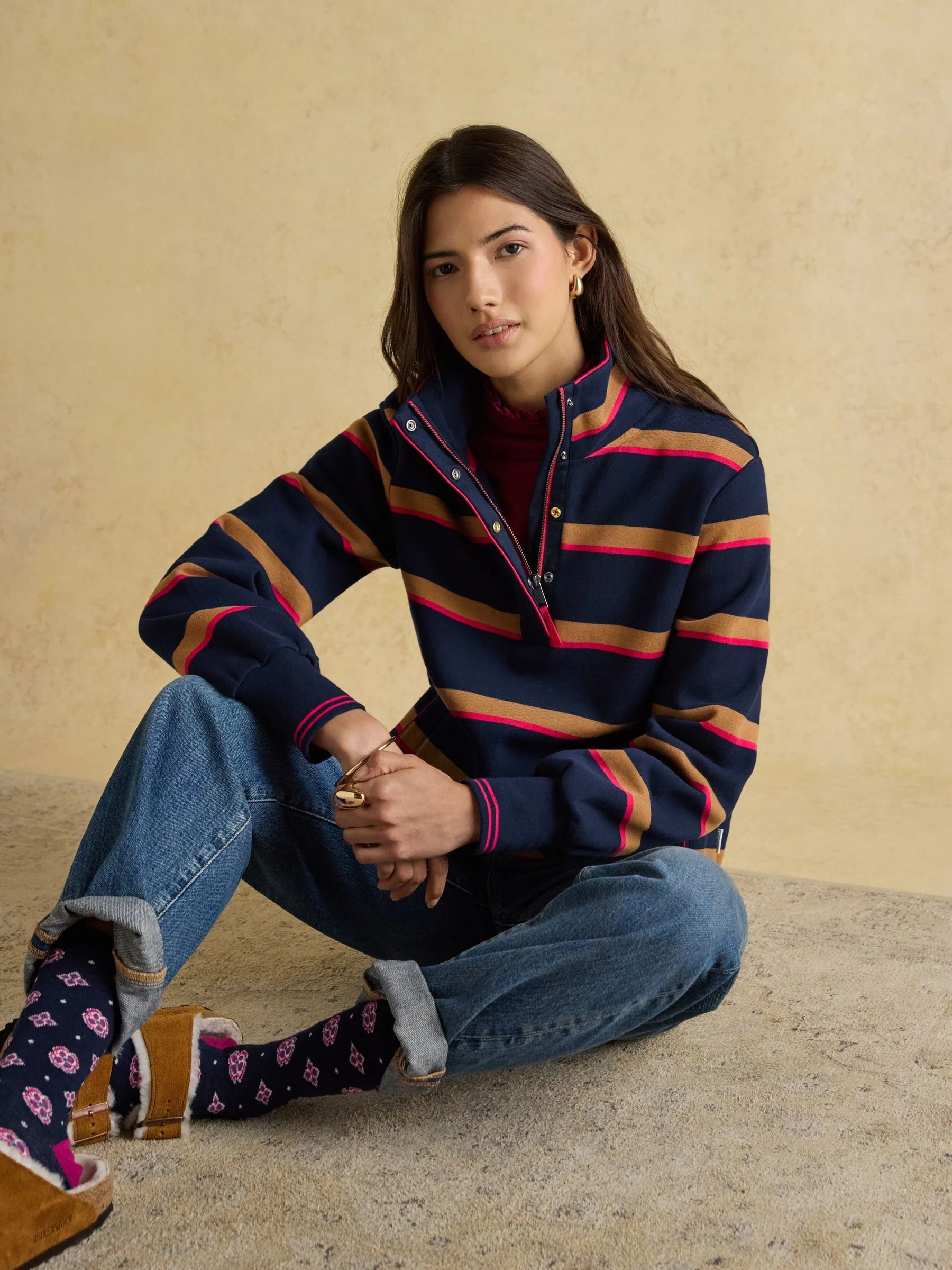 Marineblauw/lichtbruine streep - Joules Burnham Premium Brushed Cotton Funnel Neck Quarter Zip Sweatshirt