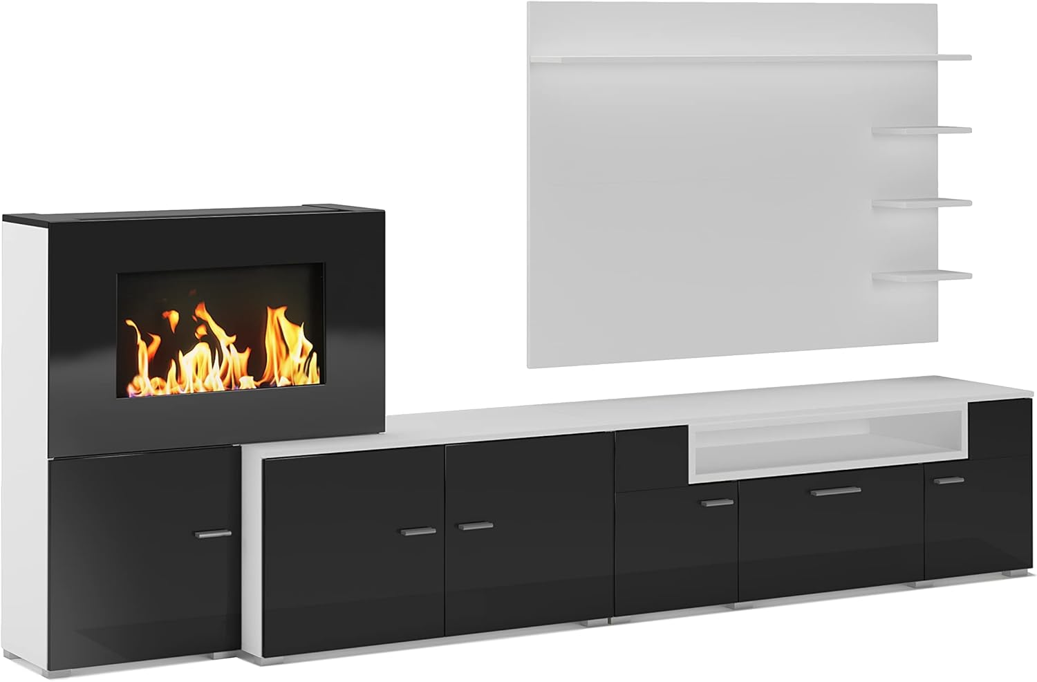 Skraut Home – Wohnzimmermöbel mit elektrischem Kamin – 170 x 290 x 45 cm – LED-Beleuchtungssystem mit Flammeneffekt – neues Olympo-Modell – moderner Stil – Ausführung in Weiß/Schwarz