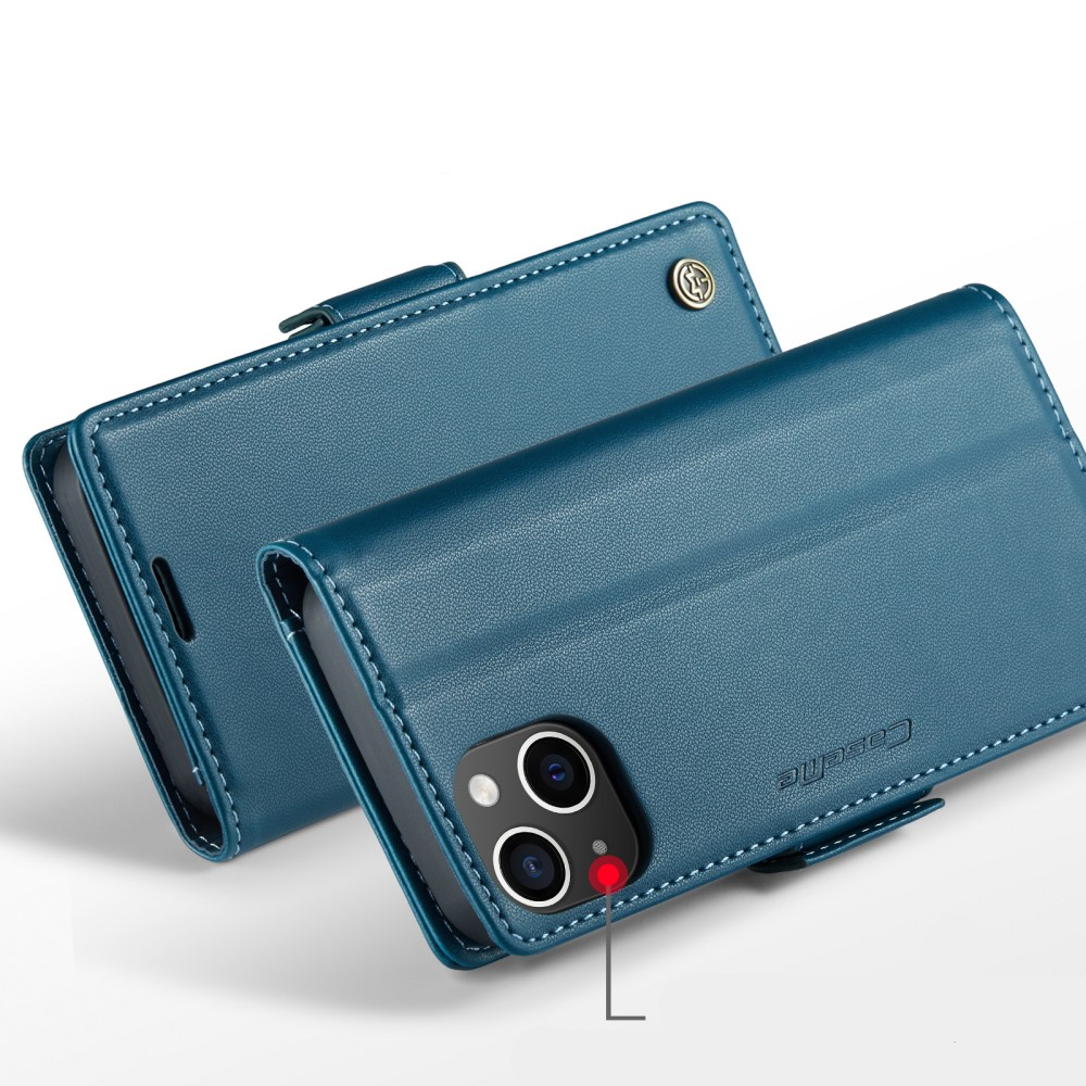 iPhone 15 Leder Tasche Flip Wallet Etui mit Kartenfächern Litchi Look (RFID Schutz) - Blaugrün