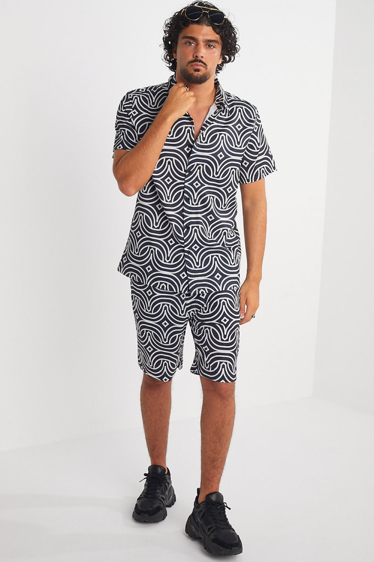 Ensemble 2 pièces chemise + short noir à motif géométrique