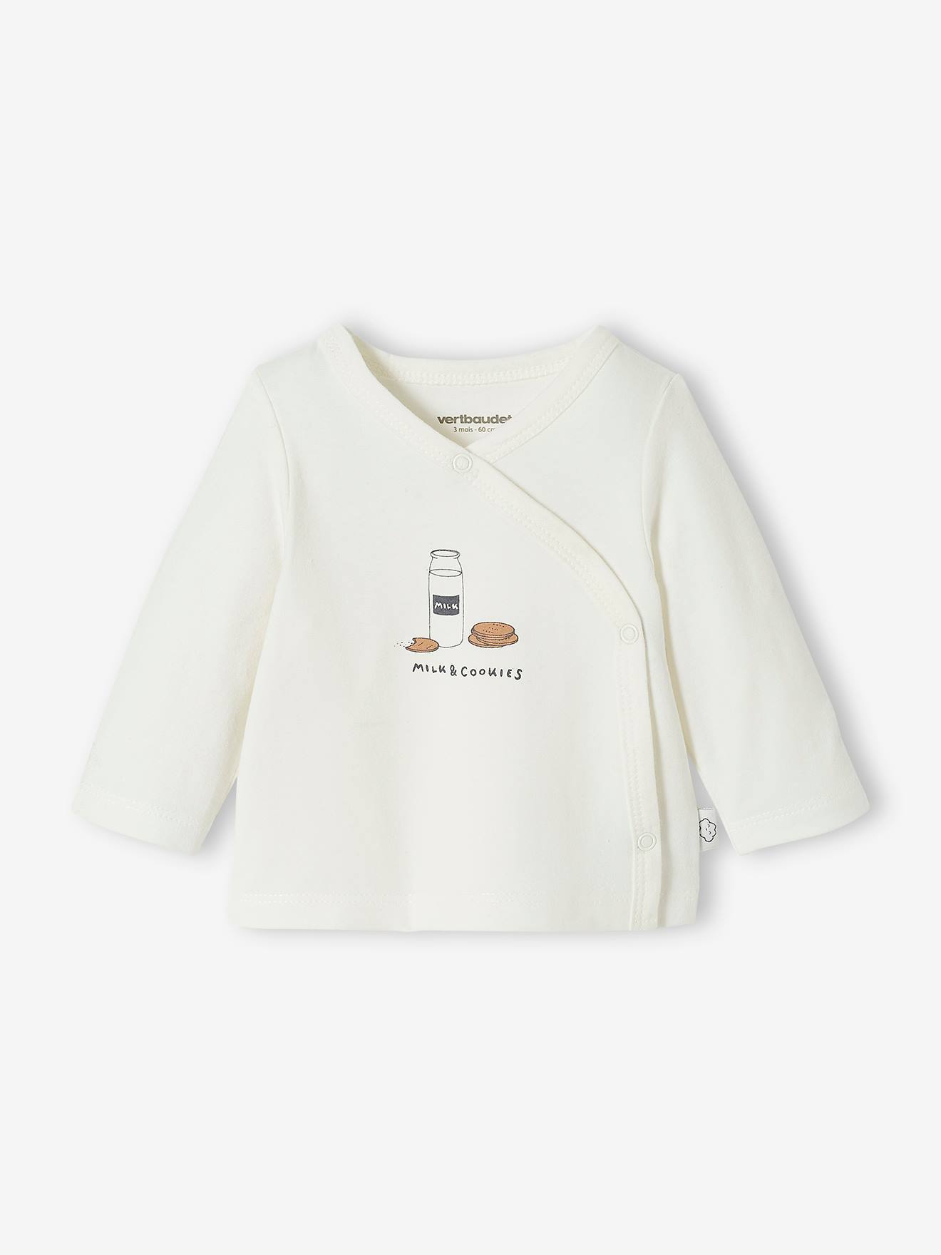 Casaco de algodão e elastano com abotoamento duplo, liso, branco claro, para recém-nascido, com estampas.
