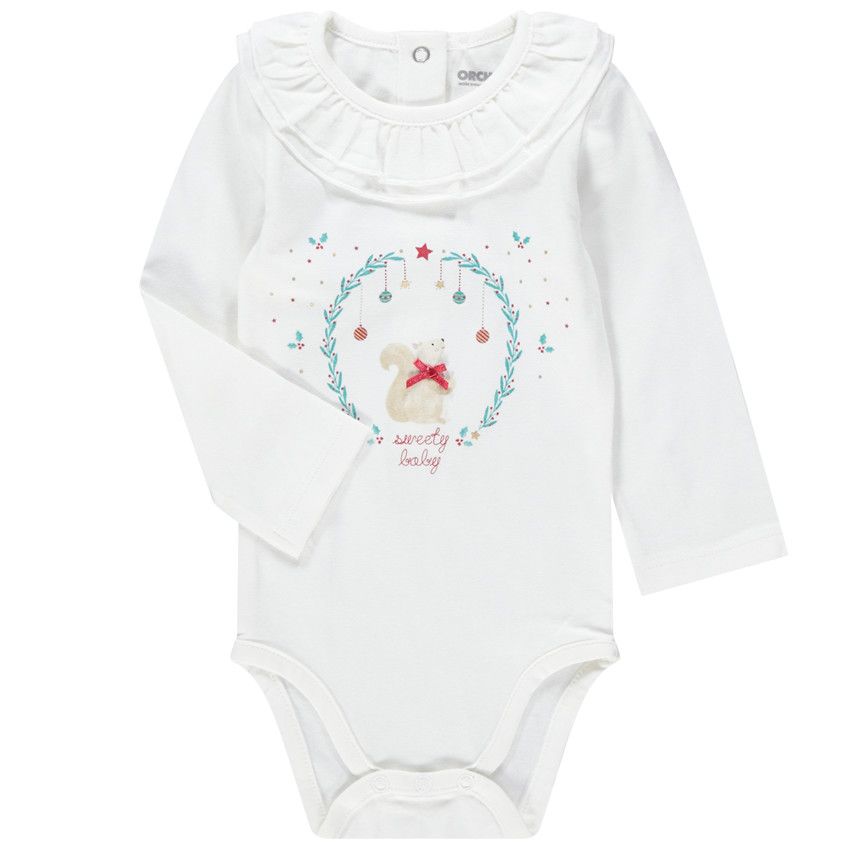 Body manches longues en jersey print écureuil et col volanté - Ecru