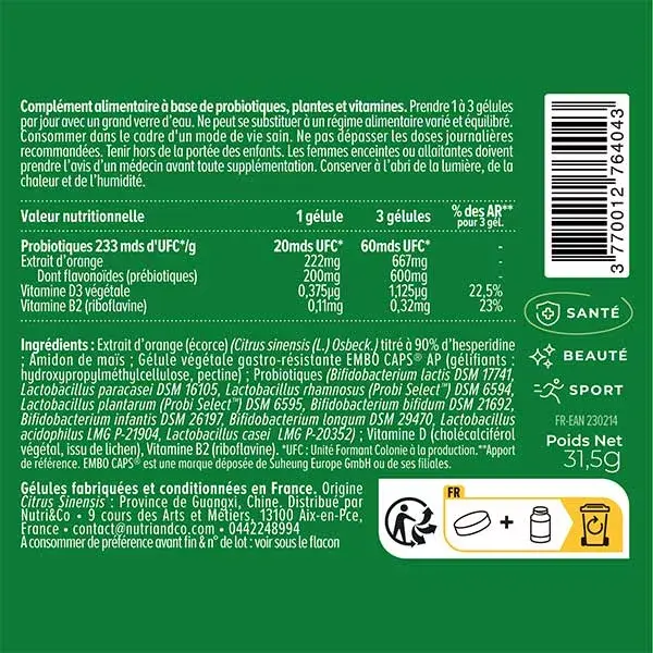 Nutri&Co Probio Pré et Probiotiques pour Flore Intestinale 60 gélules
