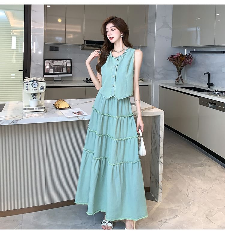 Yilda - Set: Mouwloze effen blouse + hoge taille maxi A-lijn rok